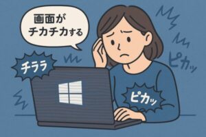 PC画面のチラつきに困惑する女性