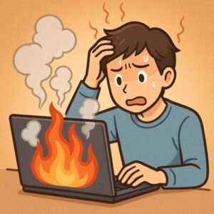 ノートパソコンから炎と煙が立ちのぼり、熱暴走に困って頭を抱える若い男性のイラスト。パソコンの過熱トラブルを表現したイメージ。
