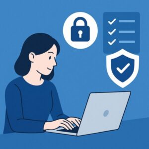 ノートパソコンを操作する女性のイラスト。背景に鍵アイコン、チェックリスト、セキュリティシールドのアイコンが浮かび、Windowsパソコンのセキュリティ意識を表現した構図。