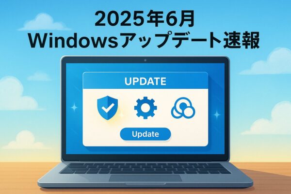 2025年6月のWindowsアップデートに関する視覚的解説画像。安全な更新のためのチェックリスト付き。