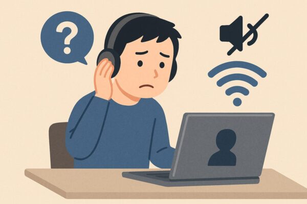リモート会議中にヘッドホンをつけた若い男性が、音声が聞こえず困っている様子のイラスト。パソコン画面には通話相手のアイコン、背景にはWi-Fiとミュートマーク、吹き出しに疑問符が描かれ、音声トラブルを表現している。