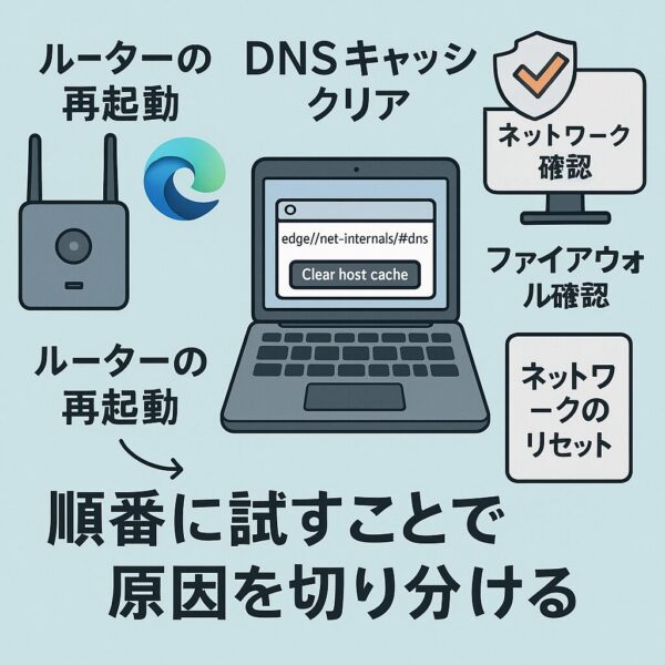 【2025年8月最新版】 新しいルーターにしたらEdgeだけ使えない?そんな時の直し方 2 ネットワークを順に試すべき主要対策の挿絵イラスト