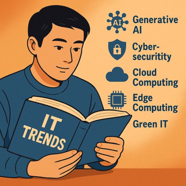 オレンジ色の背景に、青いセーターを着た若い男性が「IT TRENDS」と書かれた本を読んでいる様子が描かれています。2025年のITの進化を学ぶ知的で穏やかな雰囲気が表現されています。