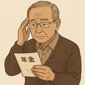 「年金」と書かれた紙を見つめ、神妙な表情を浮かべる高齢の男性。眉間にしわを寄せ、心配そうに考え込む様子が描かれている。