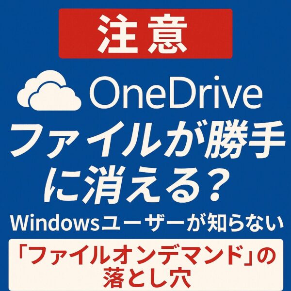 OneDriveのファイルが勝手に消える現象に注意を促す警告デザイン。クラウドアイコンと大きな文字で『ファイルオンデマンドの落とし穴』と強調されたWindowsユーザー向け警告画像
