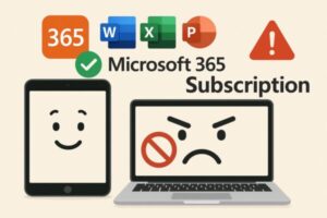 iPadではMicrosoft 365サブスクリプションが正常に使えているが、MacBookでは利用できず困っている様子を表すイラスト。Microsoft Officeのアイコンと「Subscription」文字も表示されている。