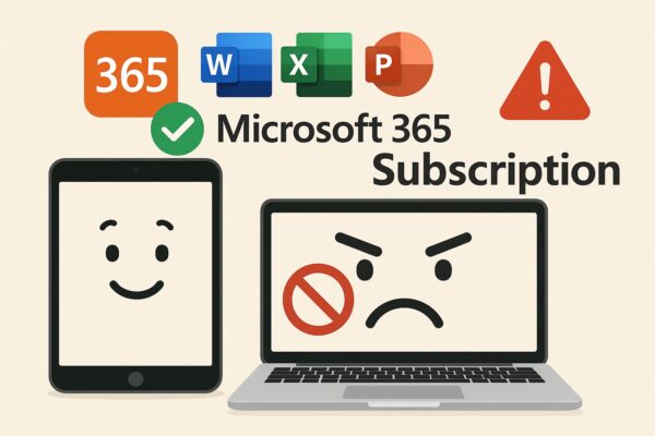 iPadではMicrosoft 365サブスクリプションが正常に使えているが、MacBookでは利用できず困っている様子を表すイラスト。Microsoft Officeのアイコンと「Subscription」文字も表示されている。