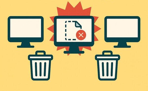 削除されたファイルがすべてのユーザーのごみ箱に表示されるトラブルをイメージした図。中央にエラーアイコン付きのファイルとモニター、その下に3つのごみ箱アイコンが並び、黄色背景に濃い青の文字で「削除が全ユーザーのごみ箱に反映されるトラブル事例」と書かれている。
