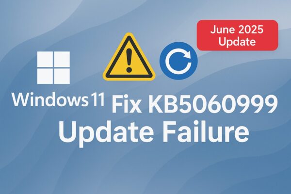 A banner image showing how to fix the Windows 11 KB5060999 update failure, featuring the Windows logo, a warning icon, a refresh/update symbol, and a red label reading ‘June 2025 Update’ on a blue gradient background.