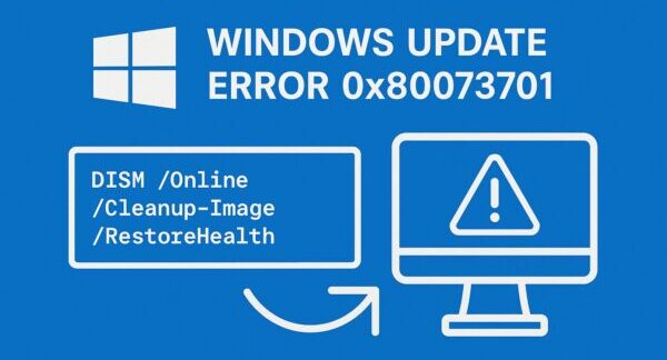 Windows Update error 0x80073701 displayed with a command prompt showing "DISM /Online /Cleanup-Image /RestoreHealth" and a warning icon on a computer screen, all set against a blue background.