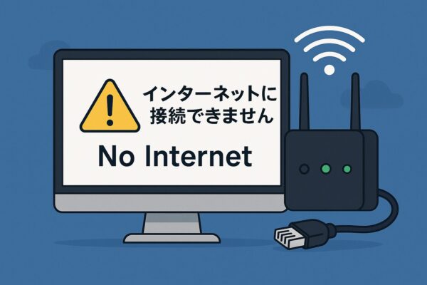 Windowsパソコンの画面に『インターネットに接続できません』と表示され、Wi-Fiルーターと有線LANケーブルが並ぶネット接続エラーのイメージイラスト。