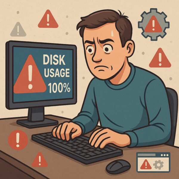 Frustrated user sitting at a computer showing “Disk Usage 100%” warning, symbolizing Windows Automatic Maintenance causing high disk usage problem.