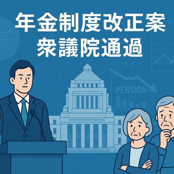 年金制度改正案の衆議院通過を伝える青基調のイラスト。中央に国会議事堂、左にスーツ姿の政治家、右に不安そうな高齢夫婦と「PENSION」の下向きグラフが描かれている。