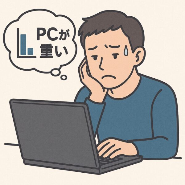 パソコンが重くて困っている若い男性のイラスト。ノートパソコンの前で眉をひそめ、頭を支えて悩んでいる様子。吹き出しに「PCが重い」と書かれている。