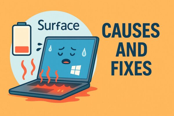 Digital illustration of a Surface laptop overheating during sleep mode. The laptop displays a sweating, distressed face, red heat waves, and a low battery icon, with the bold text ‘CAUSES AND FIXES’ indicating solutions for battery drain issues.