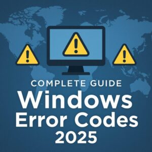 The Ultimate Windows Error Code Guide (2025) — Step-by-Step Solutions for Every Issue 1 Global-themed illustration of Windows error codes 2025. Computer monitor, warning icons, and world map symbolize troubleshooting Windows update failures worldwide.