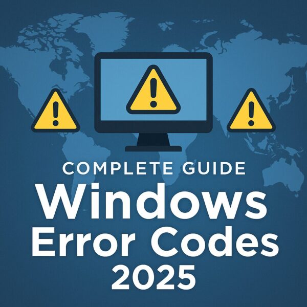 Global-themed illustration of Windows error codes 2025. Computer monitor, warning icons, and world map symbolize troubleshooting Windows update failures worldwide.