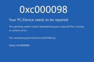 How to Fix Windows Error 0xc0000098 — Boot Configuration Data Missing 1 Windows boot error screen showing error code 0xc0000098. The message reads: “Your PC/Device needs to be repaired. The operating system couldn’t be loaded because a required file is missing or contains errors. File: \windows\system32\drivers\wdf01000.sys. Status: 0xc0000098.” Displayed on a blue background.