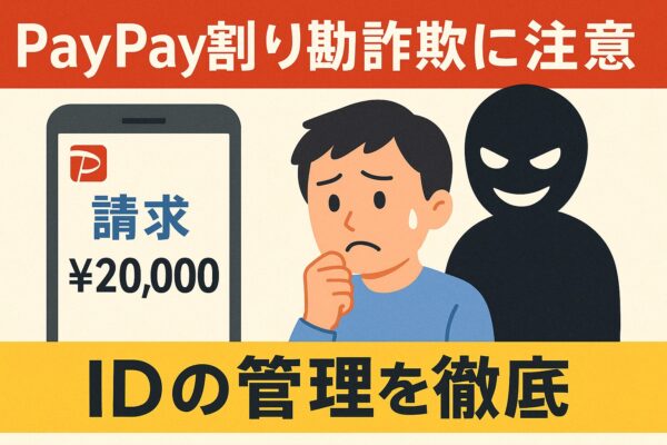PayPay割り勘詐欺に注意を呼びかける警告イラスト。スマホに届いた請求画面と、不安げな男性、背後に黒い影の詐欺犯が描かれている。テキストには「IDの管理を徹底」と表示されている。