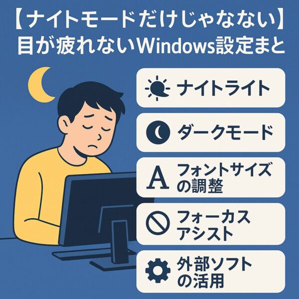 目の疲れを軽減するためのWindows設定を紹介する日本語のインフォグラフィック。ナイトライト、ダークモード、フォントサイズ調整、フォーカスアシスト、外部ソフトの活用が図解されている。