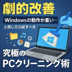 Windowsの動作が重いときに試すべき「究極のPCクリーニング術」を紹介するアイキャッチ画像。ノートパソコンの画面をほうきで掃除するイラストと、黄色と白の大きな文字で改善策を強調。