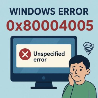 A digital illustration of a Windows computer displaying the error message ‘Unspecified error’ with the code 0x80004005. A worried person stands beside the screen, expressing confusion.