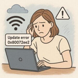 【Windowsエラー0x80072ee2】アップデートがうまくいかない原因と対処法|2025年6月最新版 1 Windows Updateで「エラー 0x80072ee2」が発生し困惑する女性がパソコンの前でネットワークトラブルに悩んでいる様子を描いたイラスト。警告アイコンとWi-Fiマークも表示。