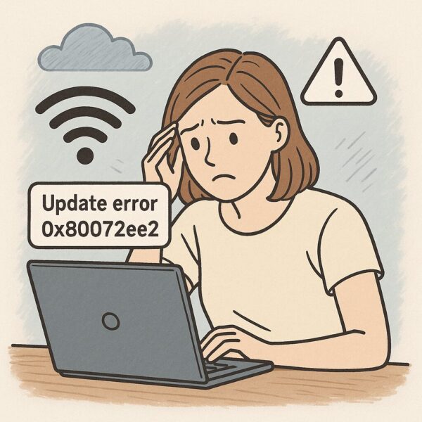 A woman sitting at a desk looking confused while facing Windows Update error 0x80072ee2 on her laptop, with network warning icons such as Wi-Fi and alert symbols floating above.