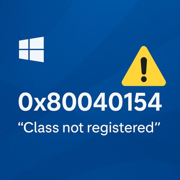 Windowsロゴと警告アイコンを背景に、『0x80040154 “Class not registered”』と表示されたエラーメッセージを示す青基調のバナー画像