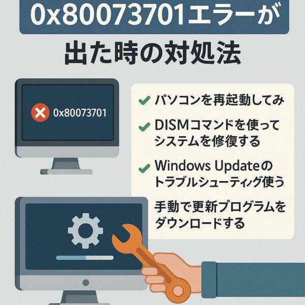 Windows Updateで0x80073701エラーが発生したときの対処法を解説する日本語のインフォグラフィック。再起動、DISMコマンド、トラブルシューティング、手動インストールの手順を視覚的に示している。