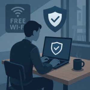 Is Public Wi-Fi Safe in 2025? Why You Need a VPN and How to Choose One (Beginner Guide) 1 Illustration of a person using a laptop at a café with a “Free Wi-Fi” sign and a VPN shield icon, representing secure browsing on public networks in 2025.