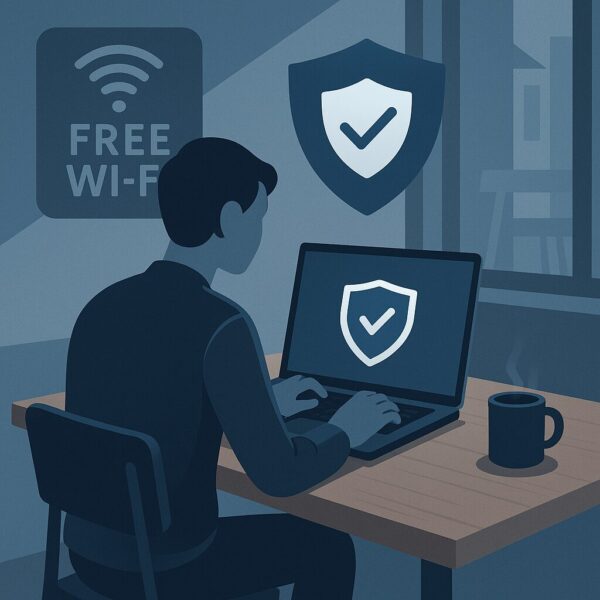 Illustration of a person using a laptop at a café with a “Free Wi-Fi” sign and a VPN shield icon, representing secure browsing on public networks in 2025.