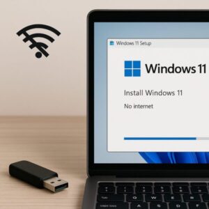 How to Upgrade to Windows 11 Without Internet — Complete Offline Guide (2025) 1 A USB flash drive next to a laptop displaying the Windows 11 Setup screen with a ‘No internet’ message, symbolizing offline installation.