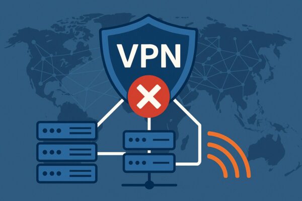 VPN接続の障害を示すイラスト。盾の形をしたVPNアイコンに赤いバツ印、接続先のサーバーとの間にエラーが表示され、遅延を表すオレンジ色の波線が描かれている。背景には世界地図があり、グローバルな通信ネットワークを表現。