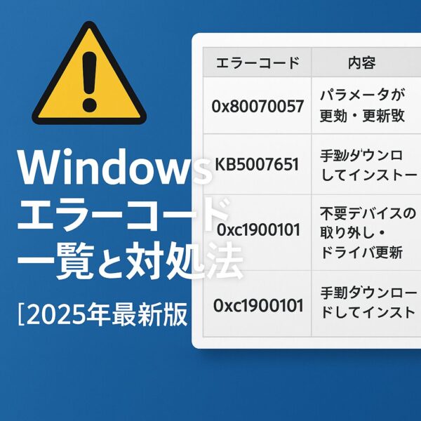 Windowsのエラーコード一覧と対処法を紹介する日本語アイキャッチ画像。青い背景に警告マークとエラーコード表が配置され、「Windowsエラーコード一覧と対処法｜2025年最新版」というテキストが表示されています。