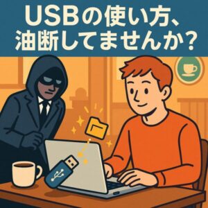 【2025年最新版】USBメモリ・外付けSSDを安全に使う7つの方法【持ち歩き派必見】 1 カフェ(スタバ風)でノートPCを広げて仕事している人物のそばに、USBメモリを狙う不審な人物(スーツ姿のハッカー風、もしくは怪しい影)がこっそり近づいている。USBポートの近くに「盗まれた情報」のイメージとして小さなファイルアイコンが吸い込まれている演出付き。