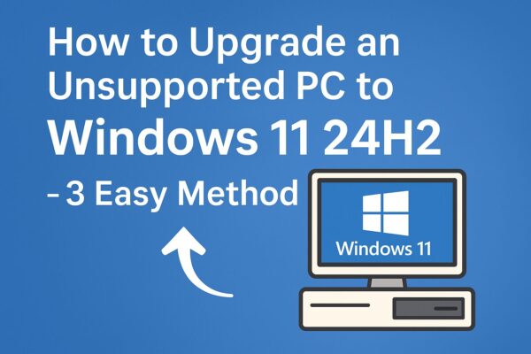 Illustration showing an upgrade guide for unsupported PCs to Windows 11 24H2. A simple desktop computer icon displays the Windows 11 logo, with text reading “How to Upgrade an Unsupported PC to Windows 11 24H2 - 3 Easy Methods” on a blue background.