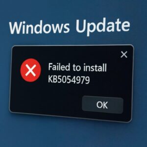 Windows Updateの画面に「KB5054979のインストールに失敗しました」と表示されたエラーメッセージのクローズアップ画像。青い背景に赤い×マークと「OK」ボタンが見える。
