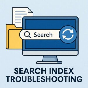 Search Indexing Troubleshooting Guide for Windows 11 — Fix Slow or Broken Search 1 Flat illustration showing Windows Search Index Troubleshooting. A desktop monitor displays a search bar with magnifying glass icon and refresh arrows, next to a yellow folder and document on a blue background, with the title “Search Index Troubleshooting” below.