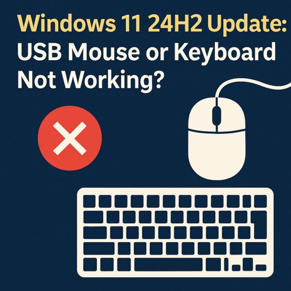A warning-themed illustration showing the error: “Windows 11 24H2 Update: USB Mouse or Keyboard Not Working?” with symbols of a mouse, keyboard, and red error icon on a navy background.