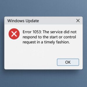 A Windows Update error message window showing: “Error 1053: The service did not respond to the start or control request in a timely fashion,” displayed against a blue gradient desktop background.