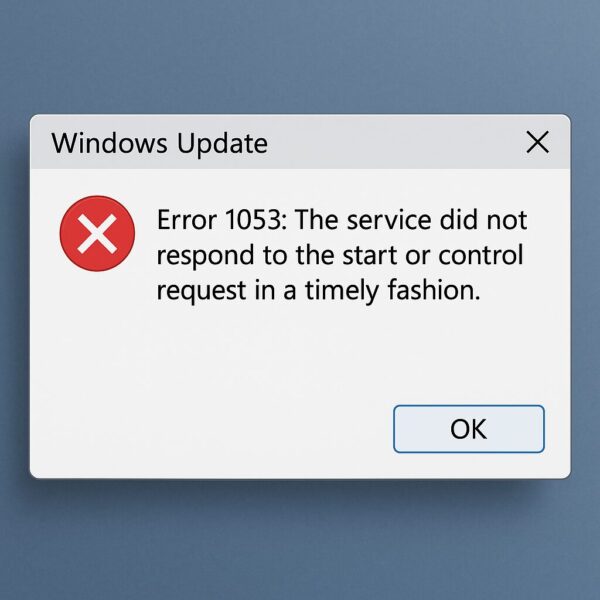 A Windows Update error message window showing: “Error 1053: The service did not respond to the start or control request in a timely fashion,” displayed against a blue gradient desktop background.