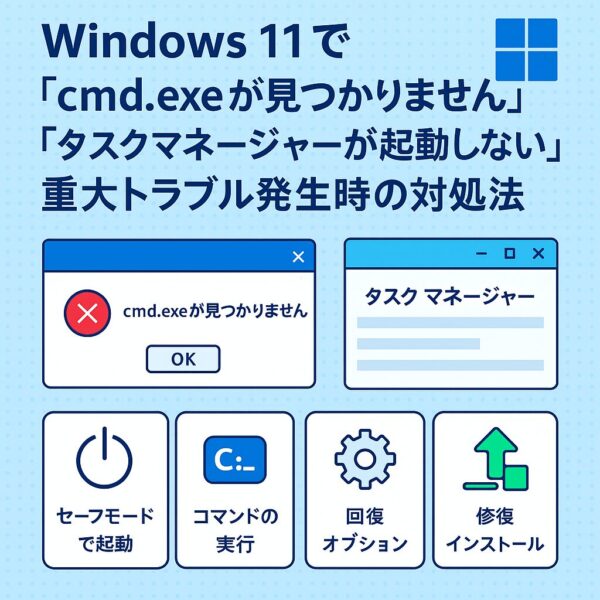 Windows 11で「cmd.exeが見つかりません」「タスクマネージャーが起動しない」重大トラブル時の対処法を示すカラー解説アイキャッチ。エラー画面や修復アイコン付き。