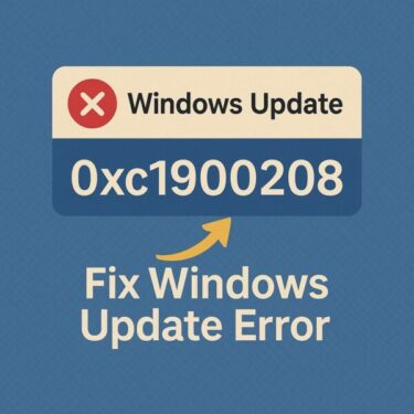 A digital graphic displays an error message related to Windows Update, showing error code 0xc1900208 with a red X icon and the phrase ‘Fix Windows Update Error’ on a blue background with a yellow arrow.