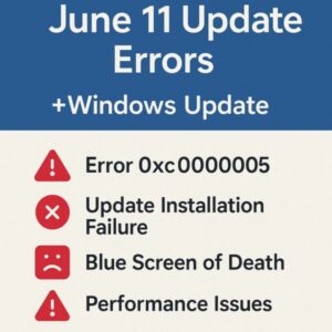 June 2025 Windows 11 Update Errors – Complete Guide for Troubleshooting 1 June 2025 Windows 11 Update Errors summary graphic showing four issues: Error 0xc0000005, Update Installation Failure, Blue Screen of Death, and Performance Issues, with red warning icons on a blue and white background.