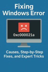 Fixing Windows Error 0xc000021a: Causes, Step-by-Step Fixes, and Expert Tricks 1 A digital graphic showing a computer screen with a red error symbol and the code 0xc000021a. Text reads ‘Fixing Windows Error - Causes, Step-by-Step Fixes, and Expert Tricks’ on a blue background.