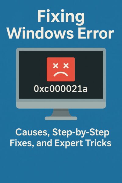 A digital graphic showing a computer screen with a red error symbol and the code 0xc000021a. Text reads ‘Fixing Windows Error - Causes, Step-by-Step Fixes, and Expert Tricks’ on a blue background.