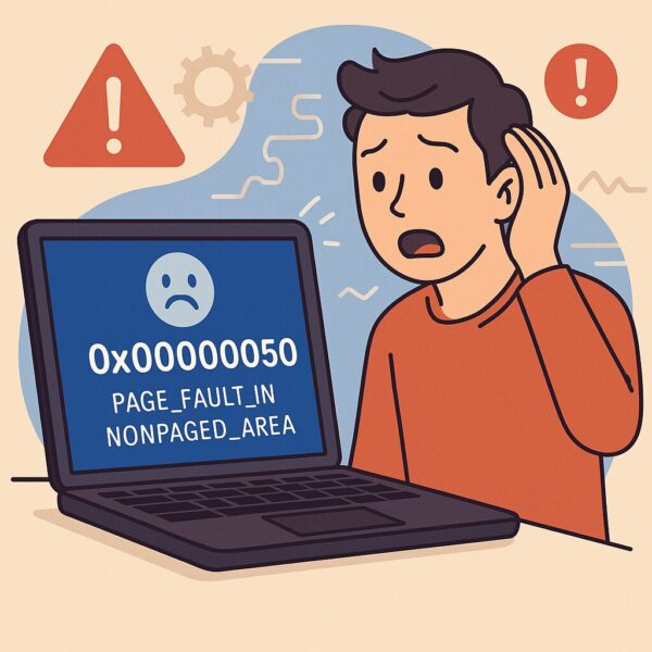 Windowsでブルースクリーンのエラーコード0x00000050が表示されて驚いている男性のイラスト。画面にはPAGE_FAULT_IN_NONPAGED_AREAのメッセージが出ている。