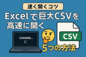 【もう固まらない】Excelで巨大CSVを高速に開く5つのコツ|100万行でも落ちない工夫とは? 1 Illustration for an article about opening large CSV files faster in Excel. A laptop screen shows a loading message with a CSV file icon, a thinking emoji, and bold English text that reads “5 Ways to Open Large CSV Files Faster in Excel” on a blue background.