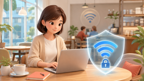 カフェのフリーWi‑Fiと安全対策がひと目で伝わる、やさしい雰囲気